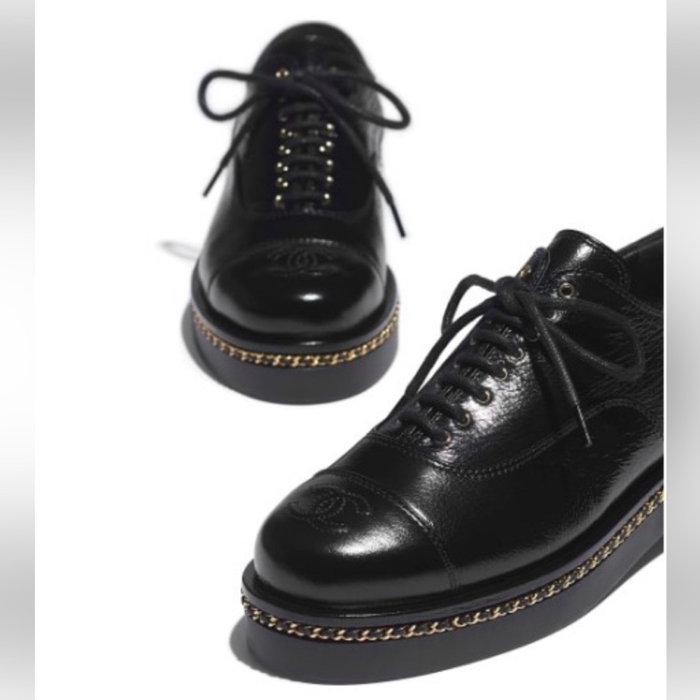 Chanel 20K crumpled Lambskin Cap toe Lace up Chain Around shoes black Eu 39.5